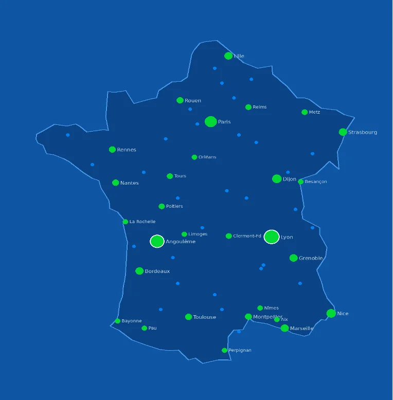 Carte de France du déploiement de Qui Veut Rafraîchir Sa Ville : des points de présence répartis sur l'ensemble du territoire, avec Lyon et Angoulême mis en avant.