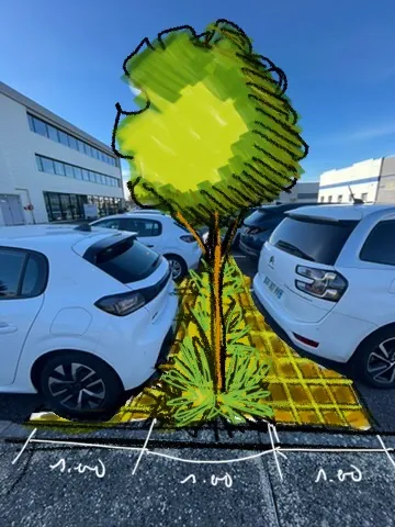 Une noue et des pavés drainants s'insèrent entre deux places, sur une largeur d'un mètre trente.