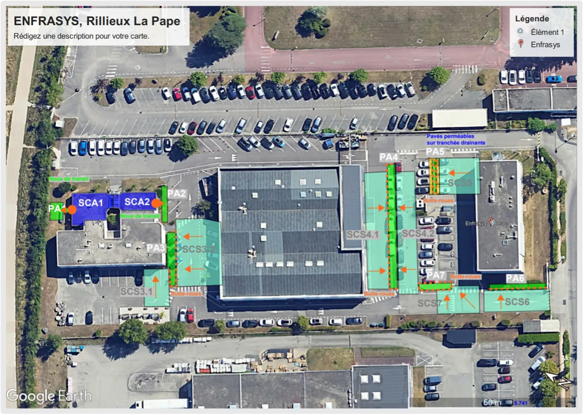 Plan d'implantation des sept points d'aquapuncture® sur le site d'ENFRASYS, vu du ciel.