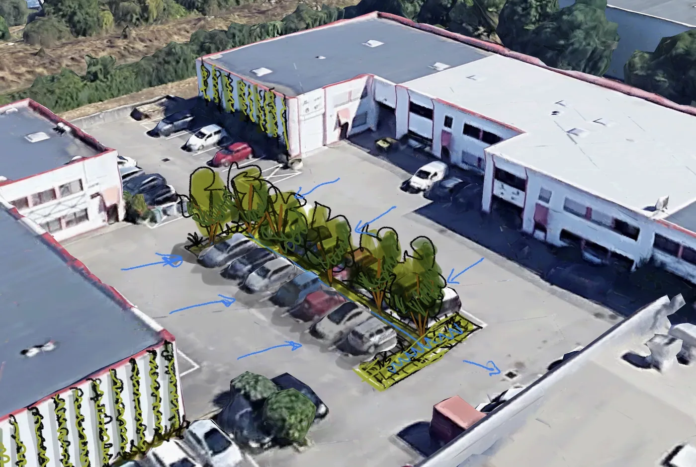 Vue aérienne d'un parking d'entreprise sur laquelle un projet de plantation a été dessiné : une bande d'arbres traverse les rangées de stationnement, avec les sens d'écoulement de l'eau figurés par des flèches.